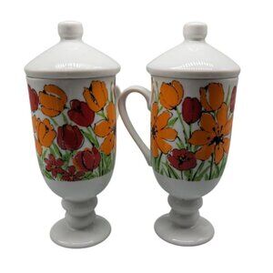 Royal Crown Arnart Footed Smug Mugs w/Lids Pair Country Garden Tina #3937 Orange